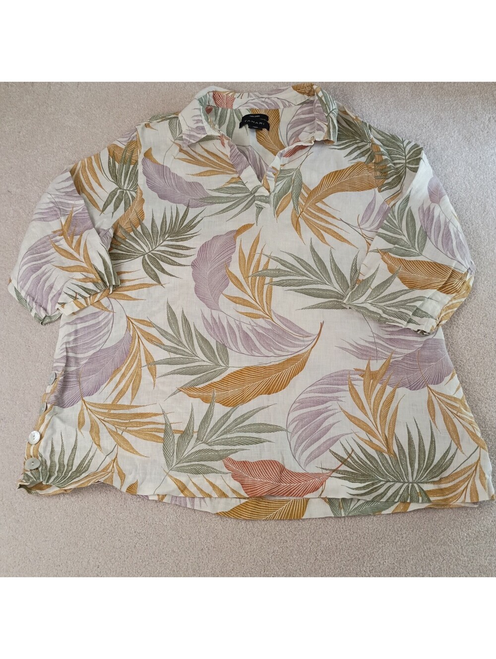 Tahari Linen Top Womens 1X Cream Floral Leaves Tropical Button Side Resort